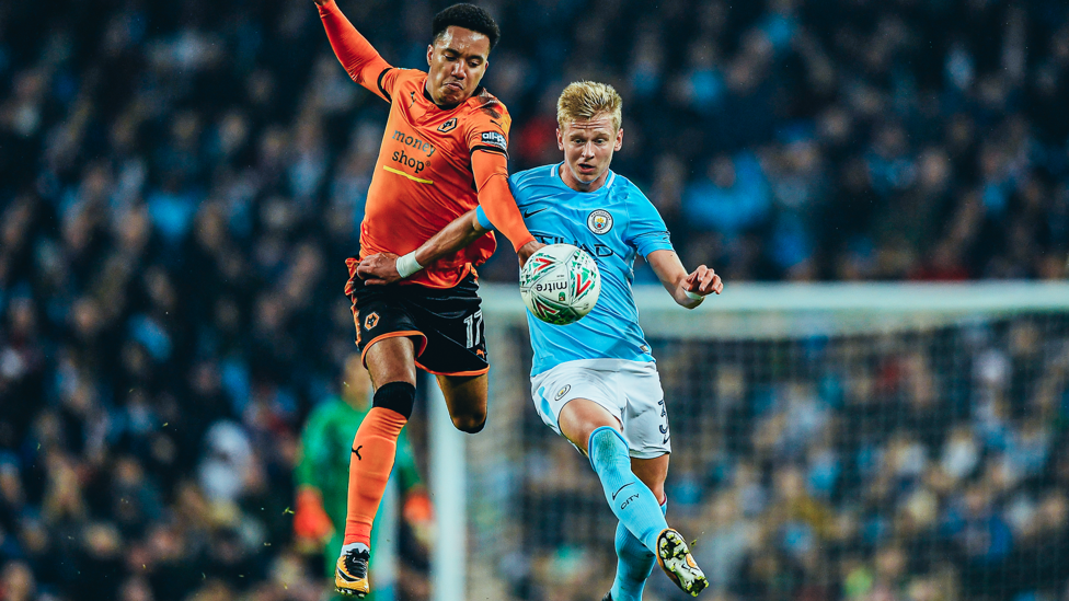 FIRST FOOTING: Zinchenko made his City debut in a Carabao Cup tie against Wolves in October 2017