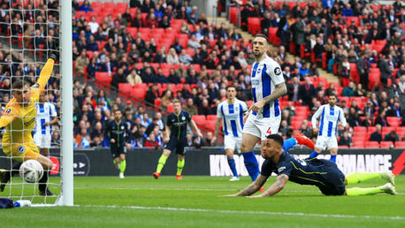 HEAD BOY: Gabriel Jesus stoops to meet Kevin De Bruyne's brilliant cross and guide home City's early opener