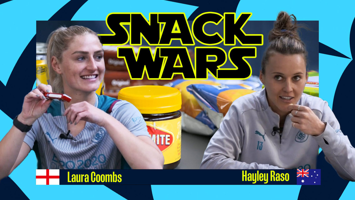 Manchester City's Laura Coombs and Hayley Raso do battle to decide if England or Australia have the best snacks