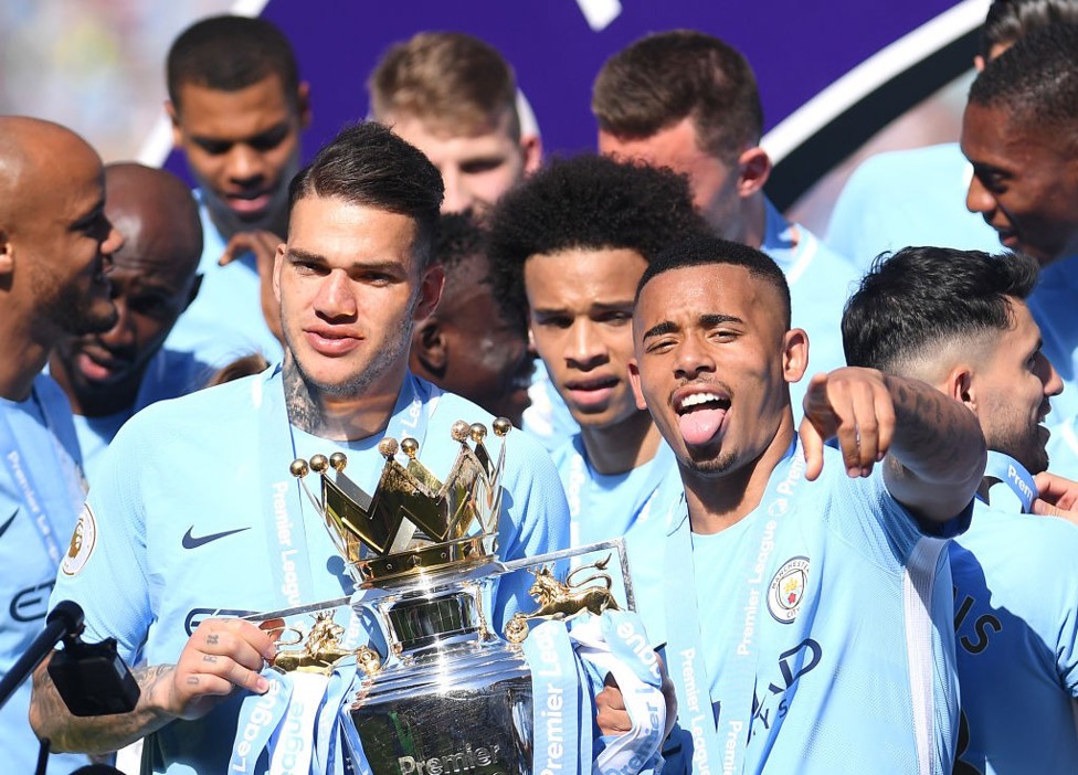 CHAMPIONS: Ederson and the City players celebrate after our 2017/18 Premier League title triumph