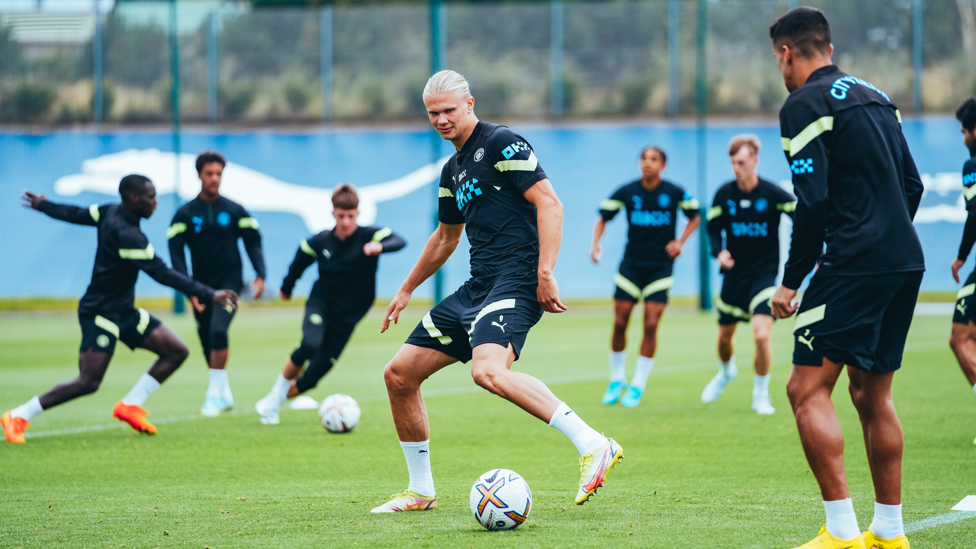 ON THE BALL : Erling Haaland pictured during today's session