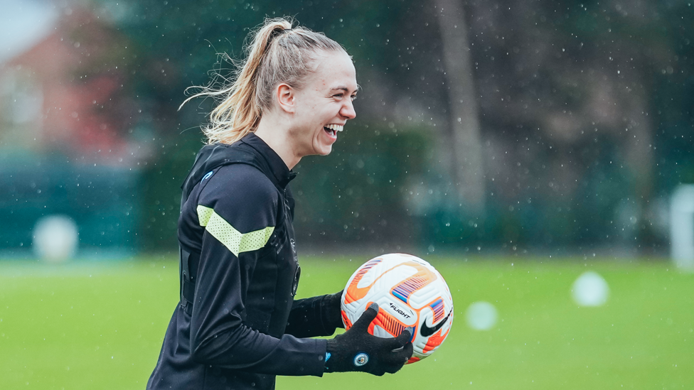 HIGH SPIRITS : Esme Morgan enjoying training and the weather as preparations for Arsenal begin