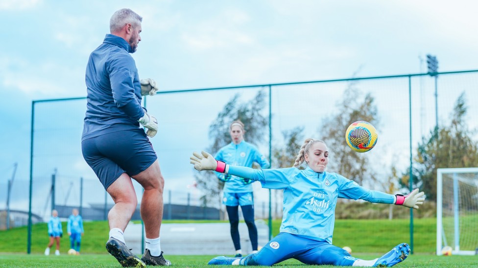 DOWN LOW : Ellie Roebuck makes the save against Chris Williams