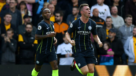 LEVELLER: Aymeric Laporte celebrates his goal with Raheem Sterling