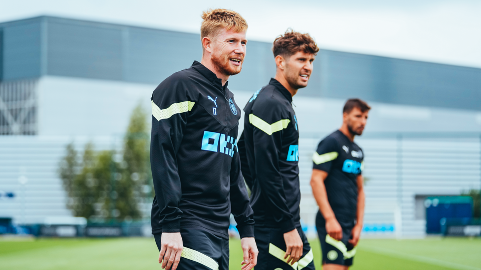 SHARPENING UP : Kevin De Bruyne, John Stones and Ruben Dias prepare for the next drill