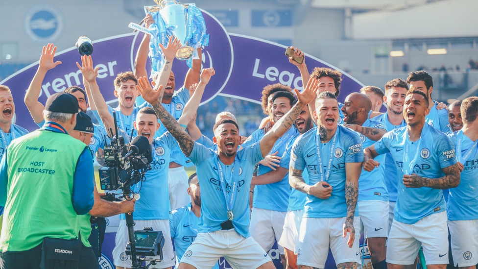 BACK-TO-BACK : The Brazilian is front and centre as City celebrate retaining the Premier League title, 12 May 2019.