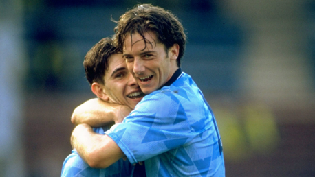 BISH BASH BOSH: Ian Bishop and Paul Lake celebrate City's 5-1 triumph over Manchester United in September 1989