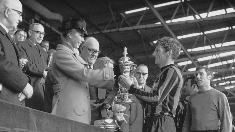 UP FOR THE CUP : HRH Princess Anne presents the FA Cup to City captain Tony Book after beating Leicester City 1-0 in April 1969 at Wembley Stadium