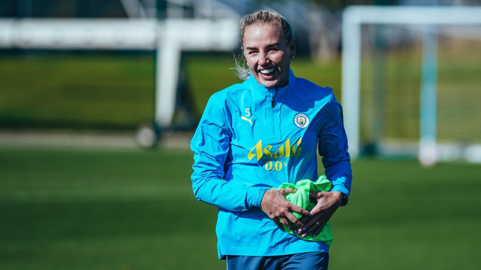 SKIPPER : Alex Greenwood in high spirits at training.