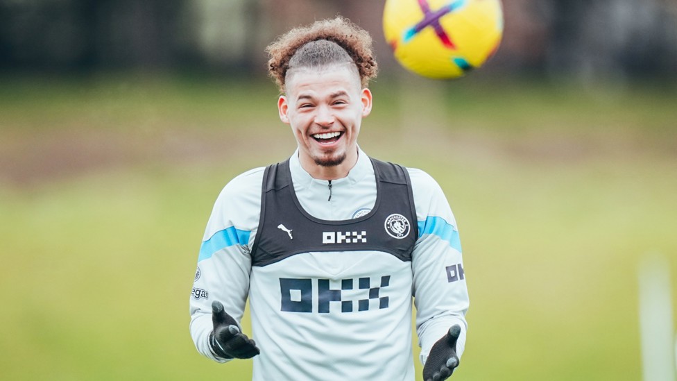 HAPPY KALVIN : Midfielder Kalvin Phillips in good spirits at the training ground.