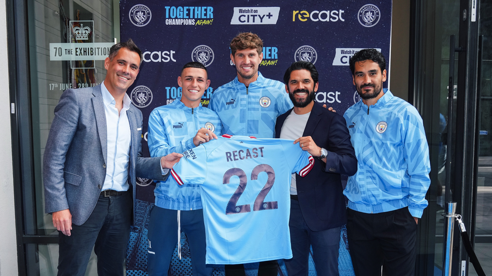 PARTNERS: Phil, John, and Ilkay are pictured together with Gavin Johnson, Media Director at City Football Group, and Andy Meikle, Founder and CEO of Recast, to celebrate the official launch of City's Recast channel 