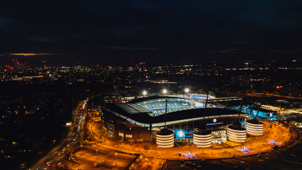 UNDER THE LIGHTS : The Etihad looking as beautiful as ever ahead of Chelsea's visit in the Carabao Cup.