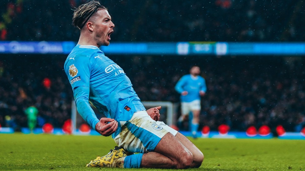 WING COMMAND : Jack Grealish celebrates what looked to be the winner at the Etihad