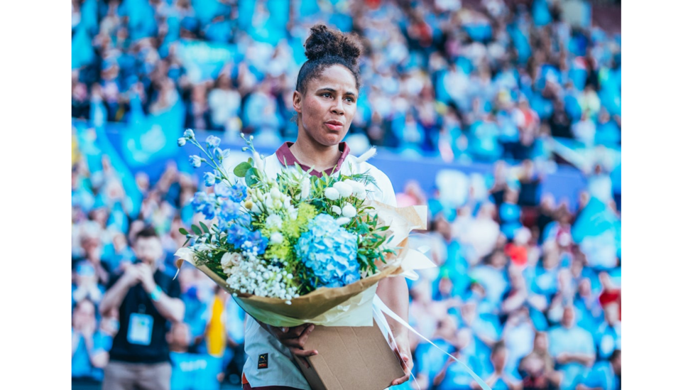 FITTING GOODBYE : Demi was presented with flowers and received an incredible reception at Villa Park following her final City appearance