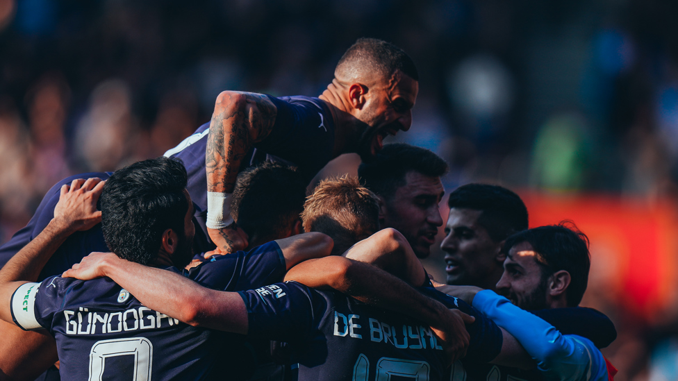 ON OUR WAY TO WEMBLEY : A fourth goal from Riyad Mahrez is celebrated by the lads, as we seal our ticket to the FA Cup semi-finals! 