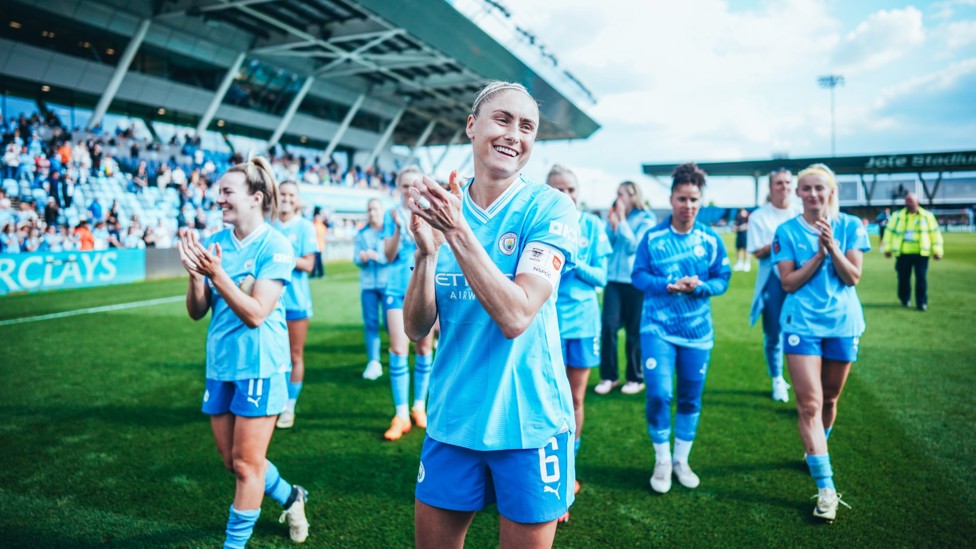 THANKS STEPH : Steph Houghton bows out in our final home game of 2023/24 against Arsenal at the Joie Stadium.