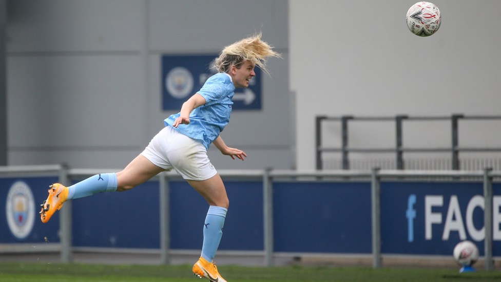 SHARP SHOOTER : Hemp nets her first goal in sky blue in a 4-0 win over Aston Villa at the Joie Stadium three months after her debut.