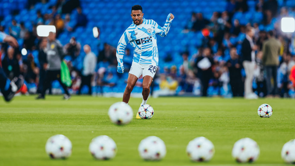 READY RIYAD : Mahrez gets a feel of the ball during the pre-match warm up.