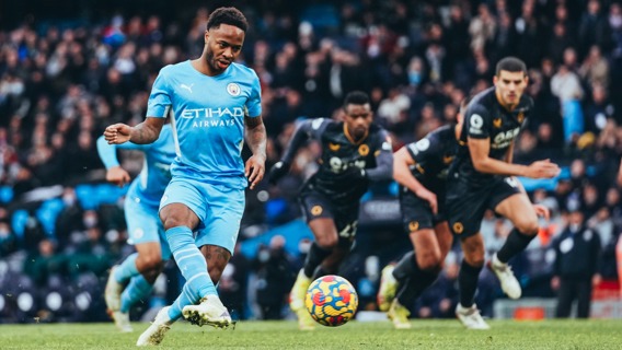 STERLING JOB: Raheem strokes City ahead from the penalty spot!