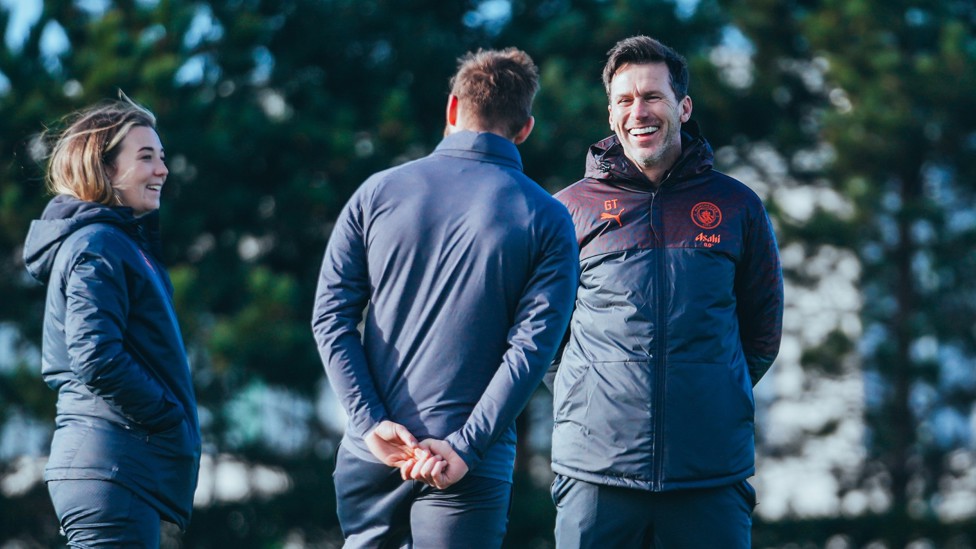 ALL SMILES : Gareth Taylor in fine spirits with City's coaching staff.