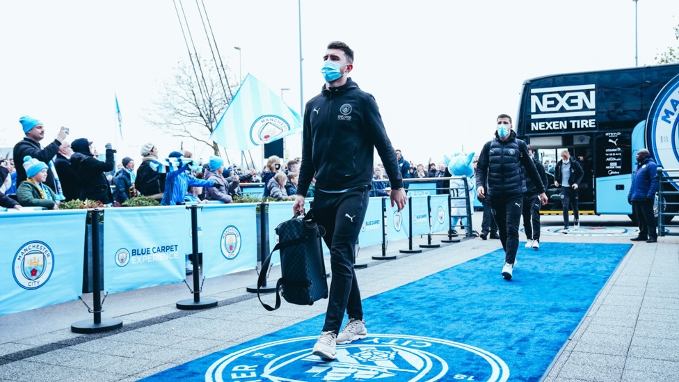 LAPORTING FOR DUTY : Aymeric leads City into the Etihad Stadium.