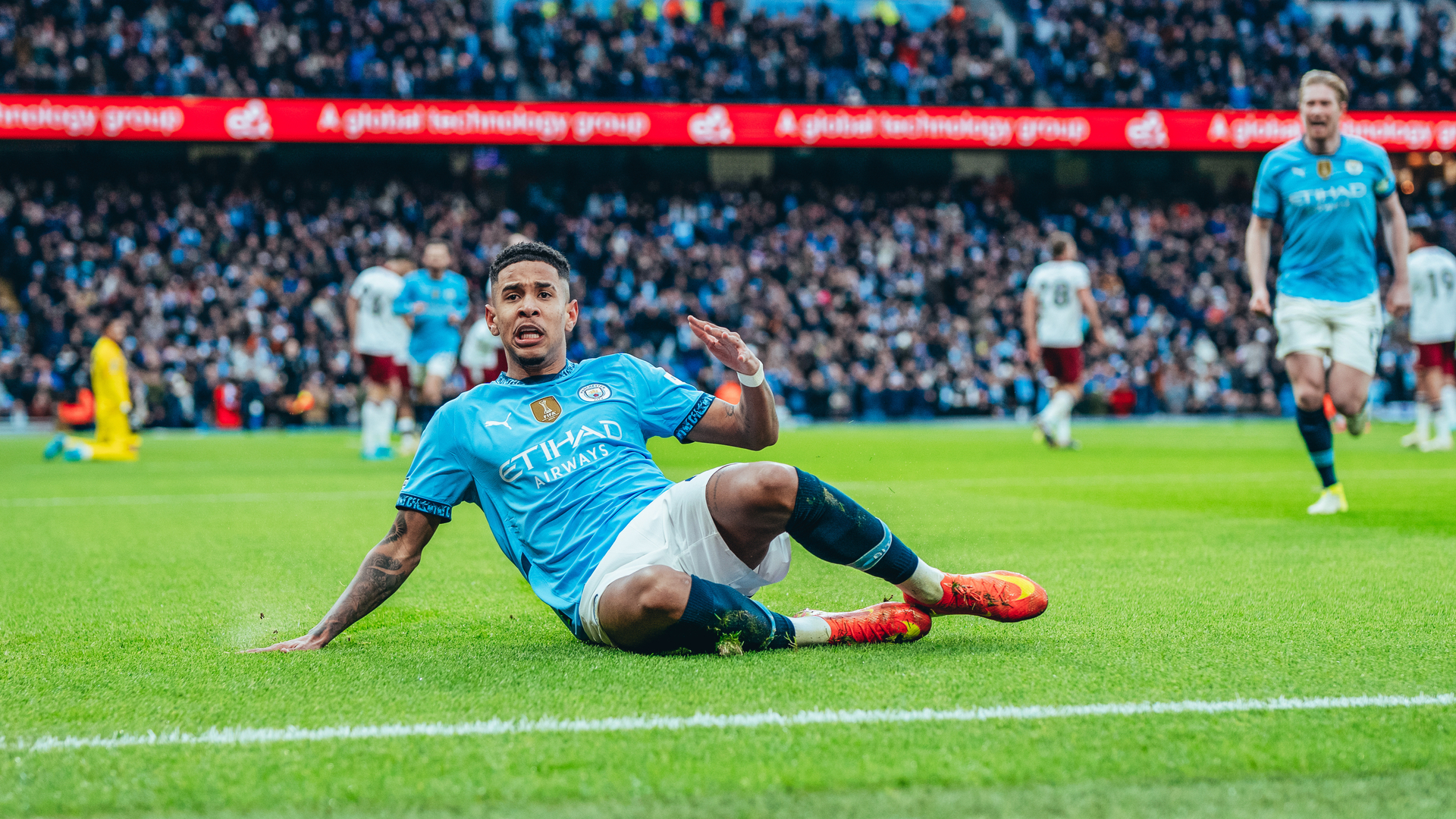 SLIDE RULE: Savinho gets the celebrations started after City's opener.