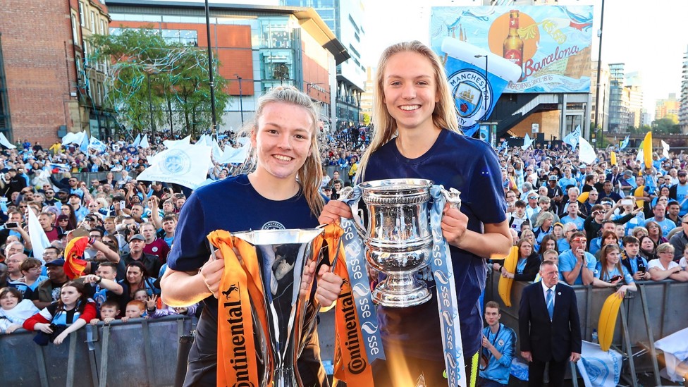 DOUBLE TROUBLE : Hemp and Esme Morgan celebrate our cup double success at the end of the season.