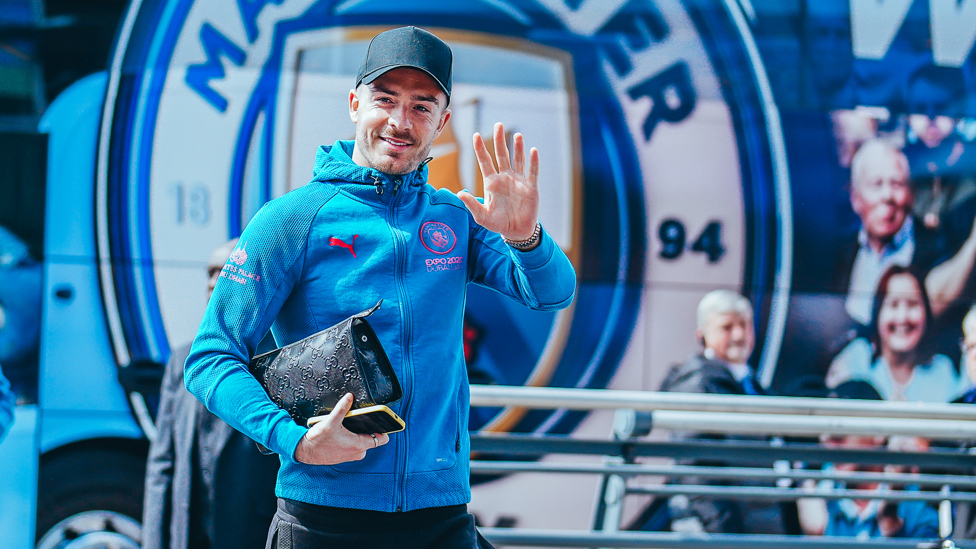 SMILE AND WAVE : Grealish in good spirits ahead of the game.