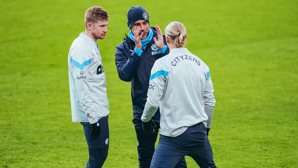 THREE WISE MEN : Kevin De Bruyne, Pep Guardiola and Erling Haaland give some thought to the visit of Everton