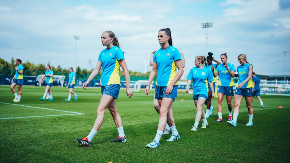 HERE WE GO: Codie Thomas and Lily Murphy lead the City players onto the next drill.