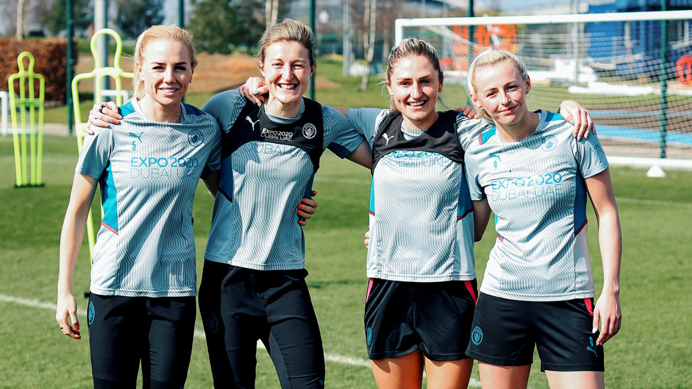 HIGH SPIRITS: : Smiles in the sun from Alex Greenwood, Ellen White, Laura Coombs and Chloe Kelly.