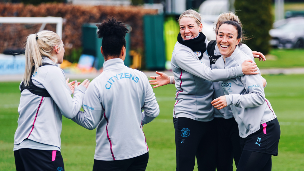 LAUGHING AT THE BACK : Alanna Kennedy and Lucy Bronze in hysterics!