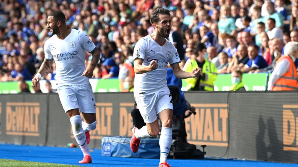 LEICESTER OUTFOXED : Bernardo celebrates grabbing the winner