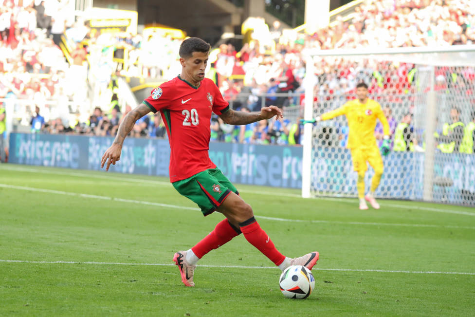 COMPOSED CANCELO : Joao on the ball during Portugal's 3-0 win over Turkey.