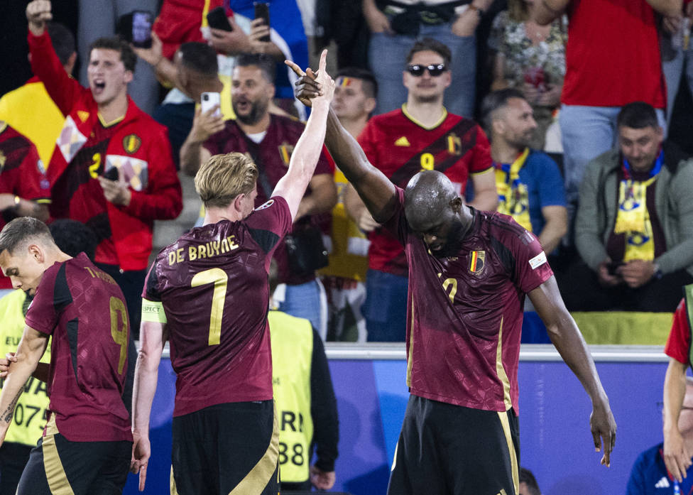 CAPTAIN'S CELEBRATION : Kevin De Bruyne and Romelu Lukaku celebrate the skipper's goal against Romania.