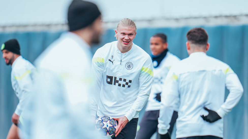 GOAL GETTER : Erling Haaland holds the ball during warm-ups 