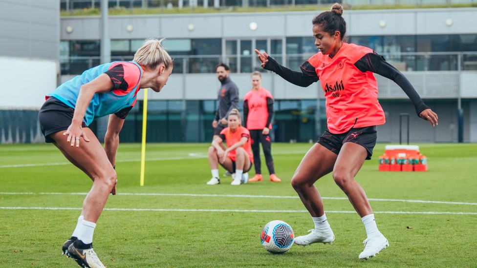 TOUCH TIGHT : Mary Fowler under pressure from Steph Houghton