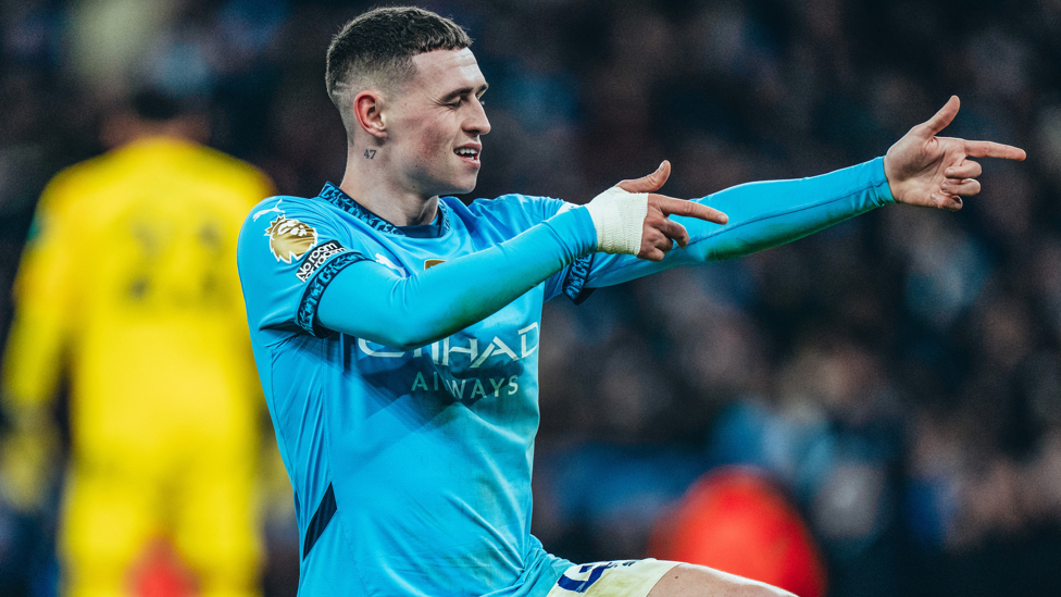 MARKSMAN : Foden celebrates in trademark fashion.