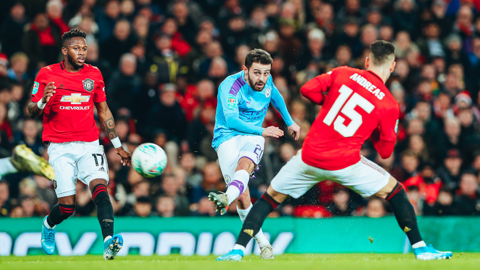 DERBY DAGGER : Bernardo scores a wonderful goal in a 3-1 Carabao Cup victory over Manchester United at Old Trafford. 