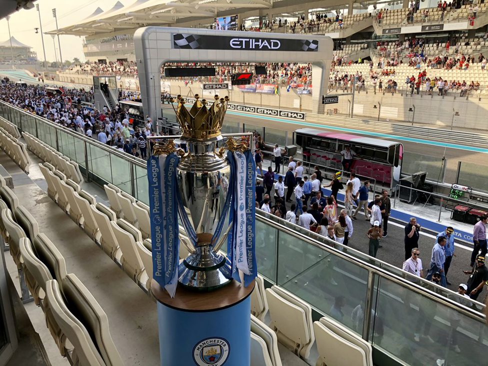 ALL REVVED UP : The Premier League trophy was also on display at the Abu Dhabi Grand Prix