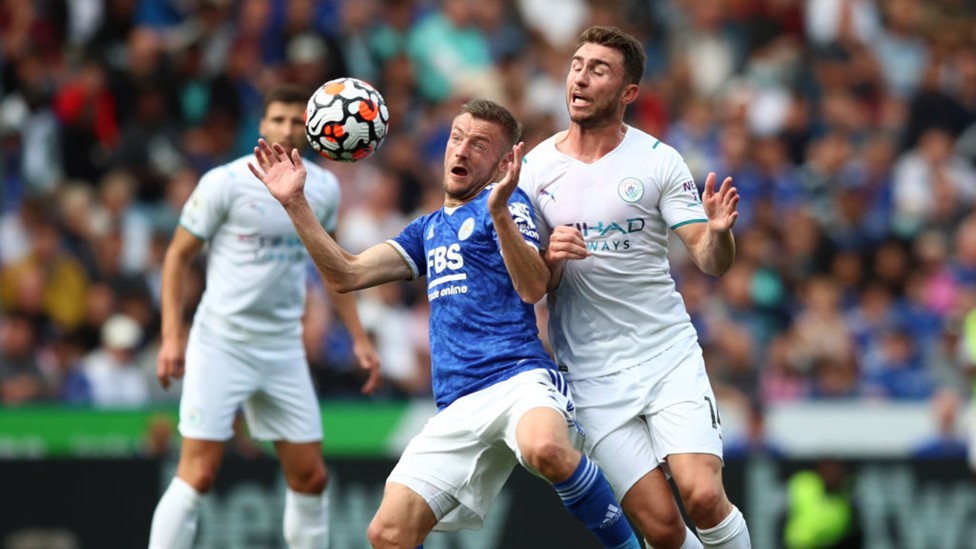 LAPORTING FOR DUTY : Aymeric Laporte battles for possession with Jamie Vardy