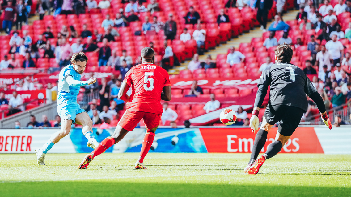 ONE BACK: Grealish fires into the top corner.