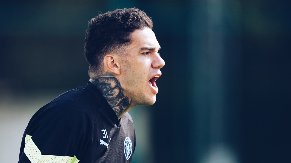 EDERSON'S ORDERS : The goalkeeper gives commands to his defence