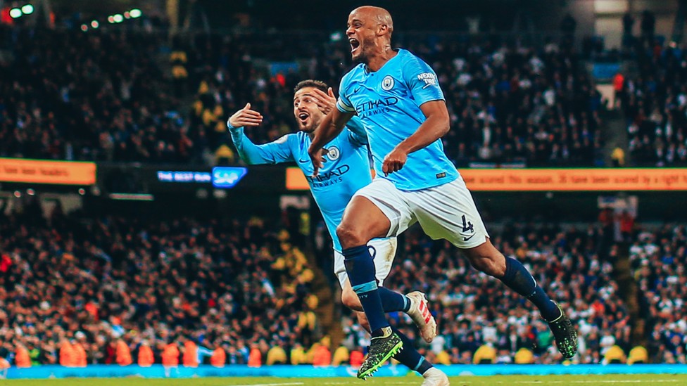 WHAT A STRIKE : Vincent Kompany sparks wild scenes in the Etihad with a stunner against Leicester City in 2019