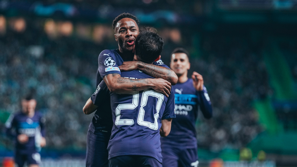 STERLING JOB : Sterling celebrates his strike with Bernardo.