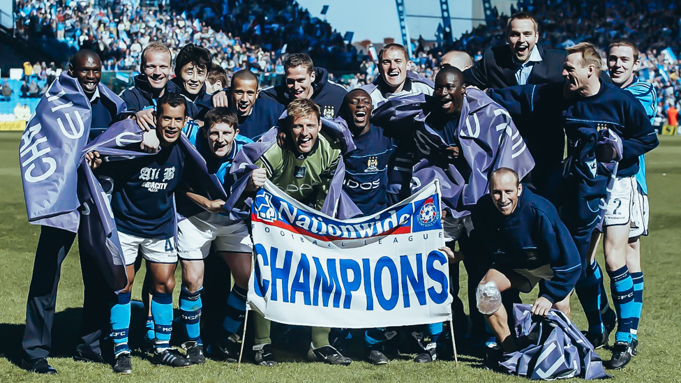 CHAMPIONS! : The players celebrate becoming Division One champions after a 5-1 win over Barnsley | 6 April 2002.