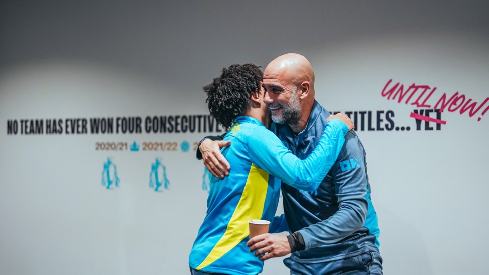 AND ANOTHER ONE : Pep Guardiola and Rico Lewis embrace