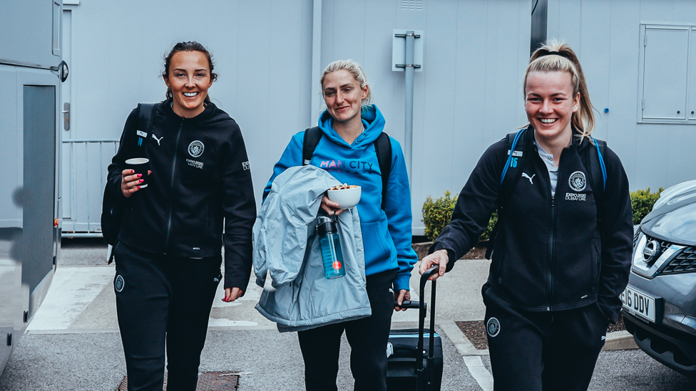 THREE CHEERS! Caroline Weir, Laura Coombs and Lauren Hemp get set for another huge game