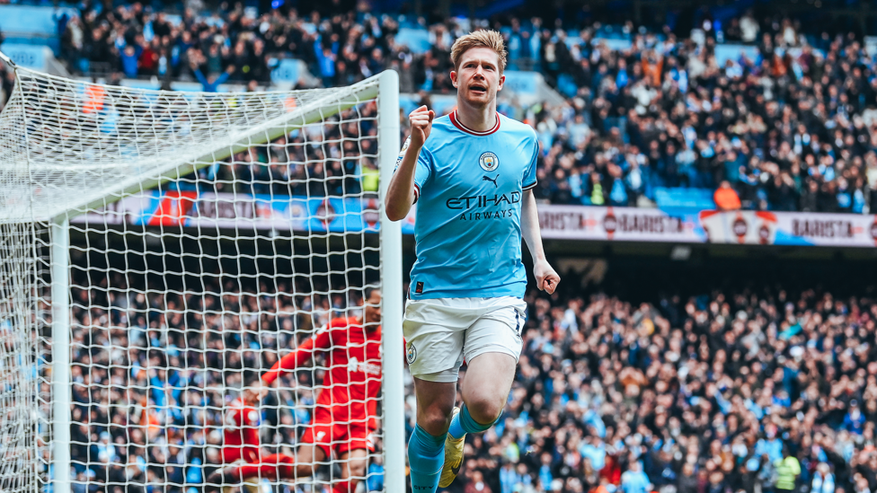 BRILLIANT BELGIAN : KDB wheels away to celebrate putting us ahead.