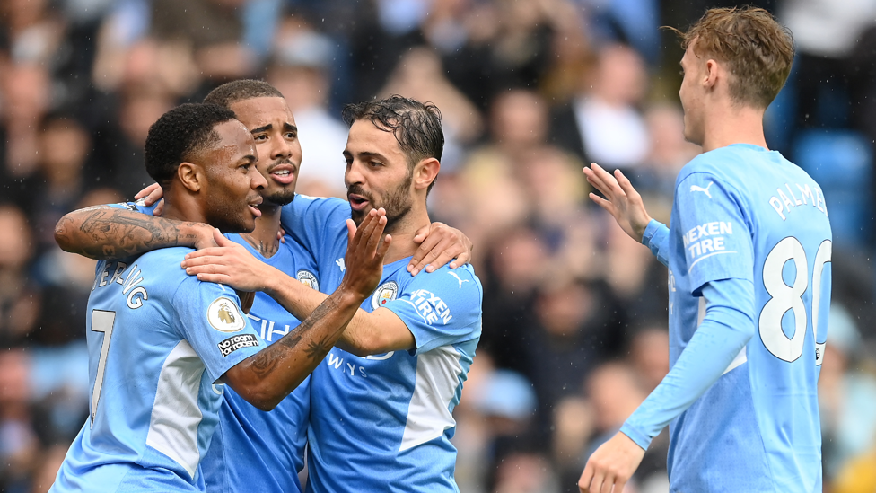 TEAM PERFORMANCE : Bernardo, Jesus, Sterling and Palmer celebrate City's fourth goal 